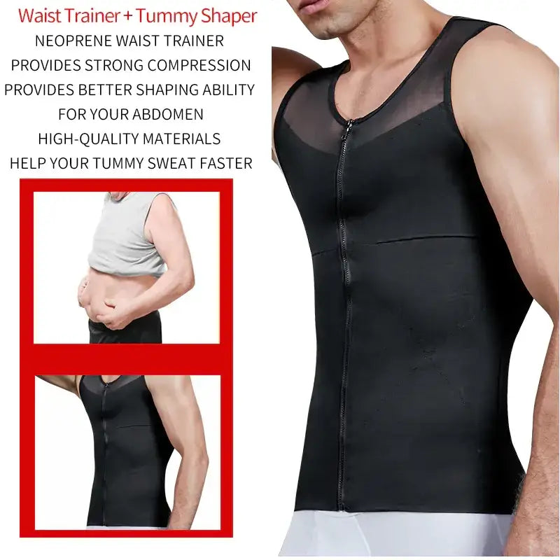 Black neoprene waist trainer with a front zipper and mesh panels.
