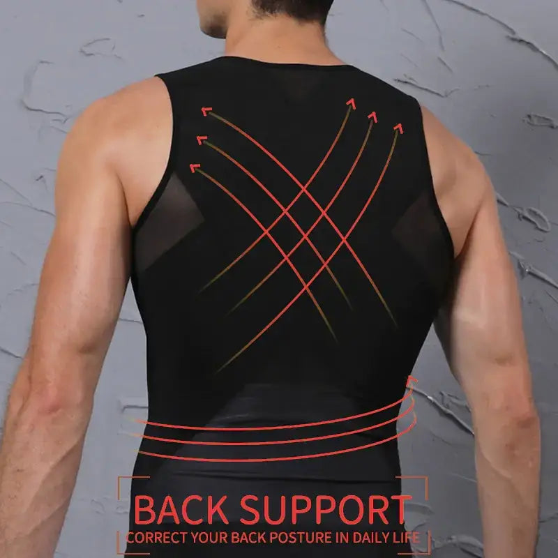Black sleeveless back support garment with red graphic lines illustrating posture correction.