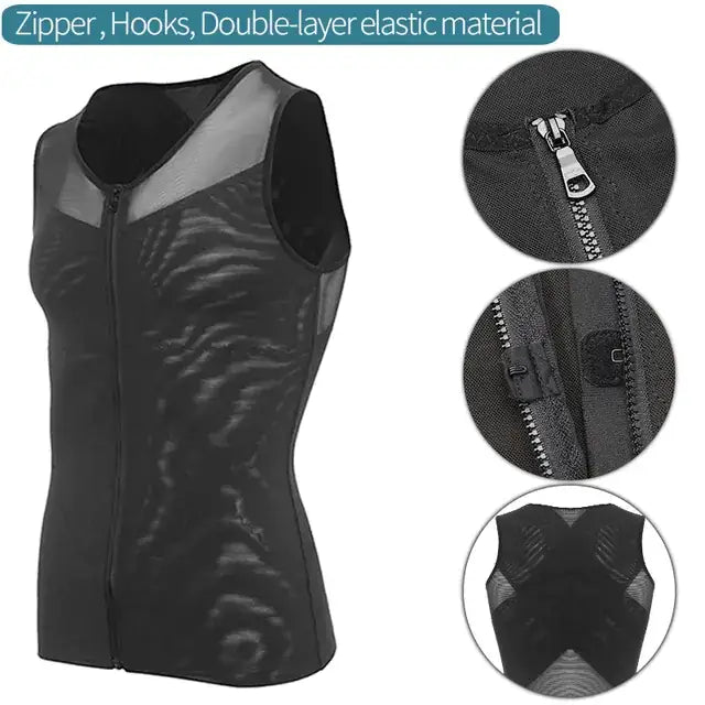 Black double-layer elastic waist trainer vest with mesh panels and a front zipper.