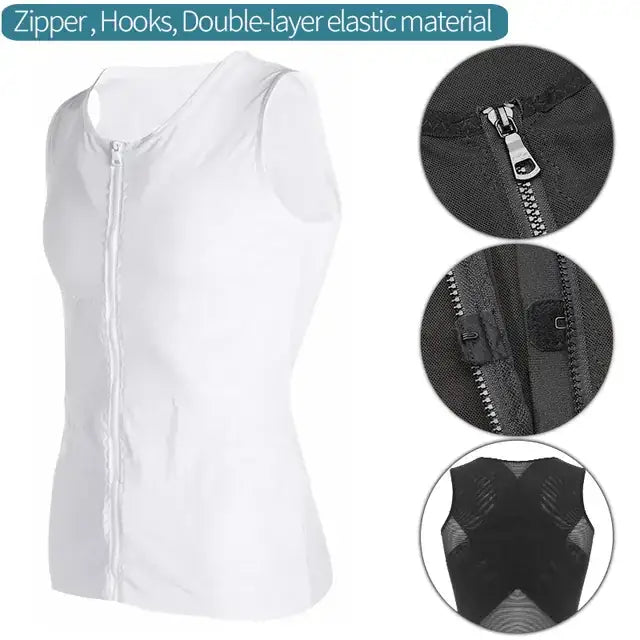 White sleeveless vest with a front zipper, black mesh backing, and double-layer elastic material.