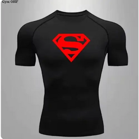 Black short-sleeved compression shirt featuring a bold red superman logo on the chest.