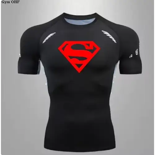 Black short-sleeved compression shirt with a bold red superman logo on the chest and white geometric patterns along the shoulders.
