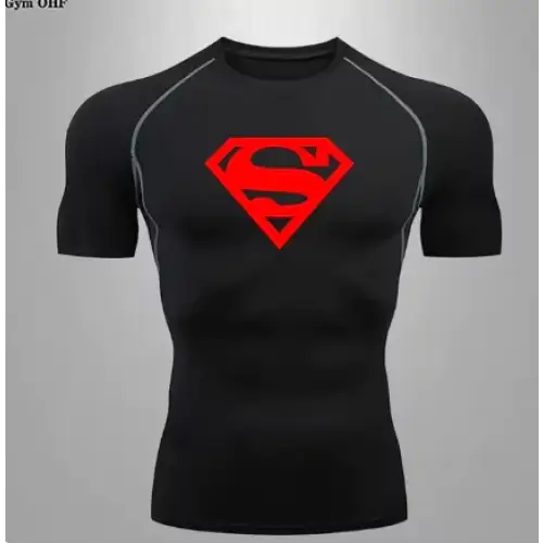 Black short-sleeved compression shirt with a bold red superman logo on the chest and subtle gray seam detailing.