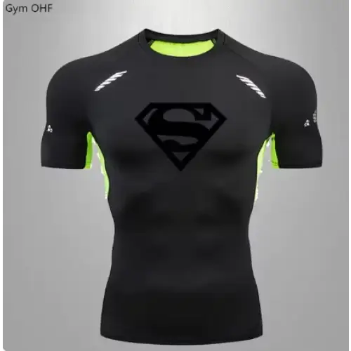 Black superman logo compression shirt with neon green accents on the shoulders and sides.