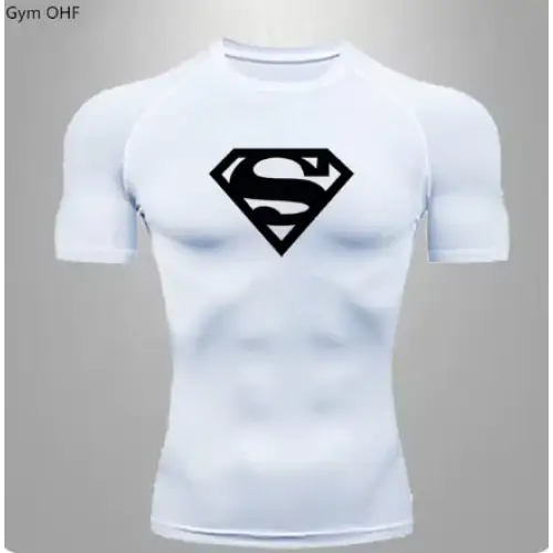 White superman logo compression shirt with black emblem.