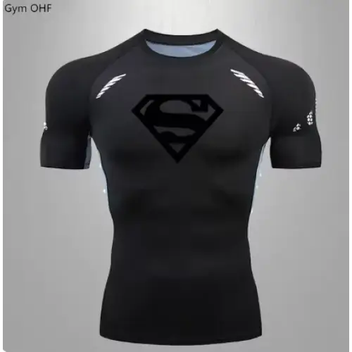 Black superman logo compression shirt with white accent stripes on the shoulders and sleeves.