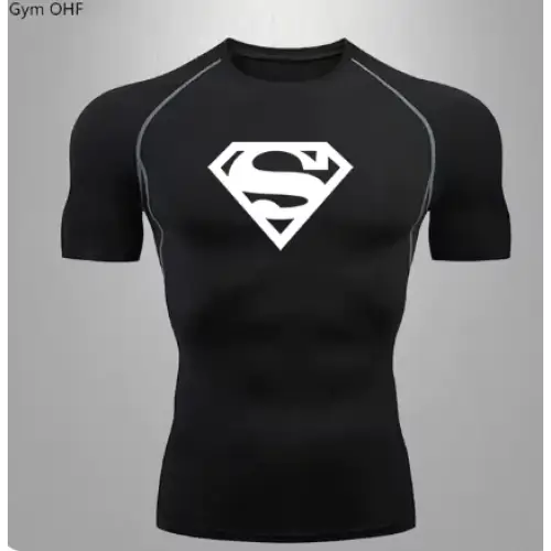 Black superman logo compression shirt with white stitching along the sleeves and neckline.