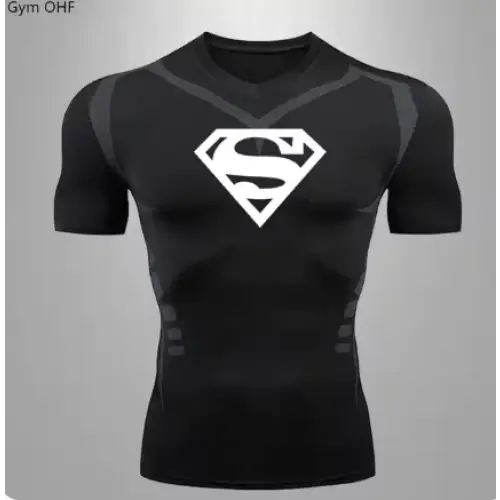Black superman compression shirt with a white logo on the chest.