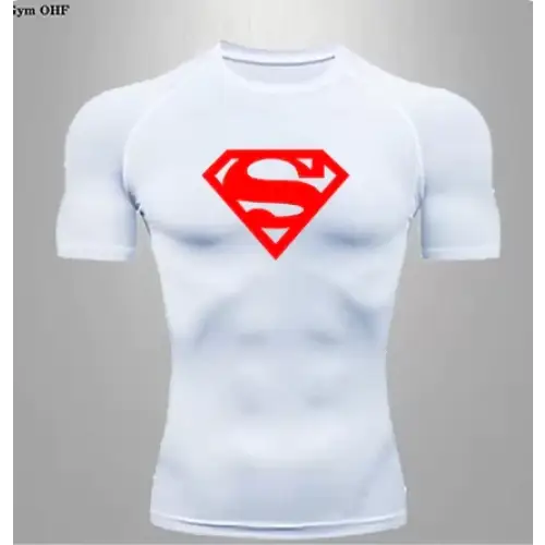 White superman logo compression shirt with red emblem.