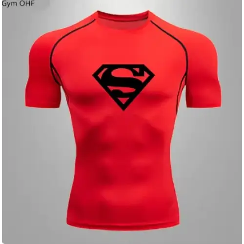Red short-sleeved compression shirt with a black superman logo on the chest.