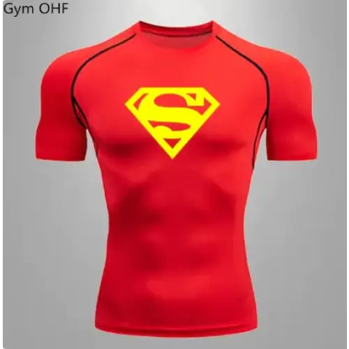 Red superman logo compression shirt with black trim.