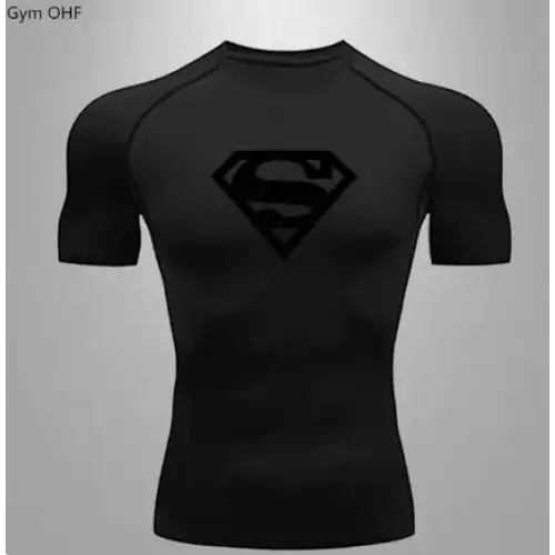 Black superman logo printed on a black compression shirt.