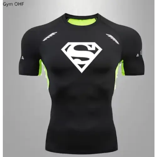 Black superman logo compression shirt with neon green accents and white detailing.