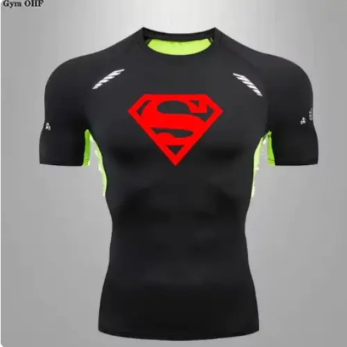 Black superman logo compression shirt with neon green accents and white reflective stripes.