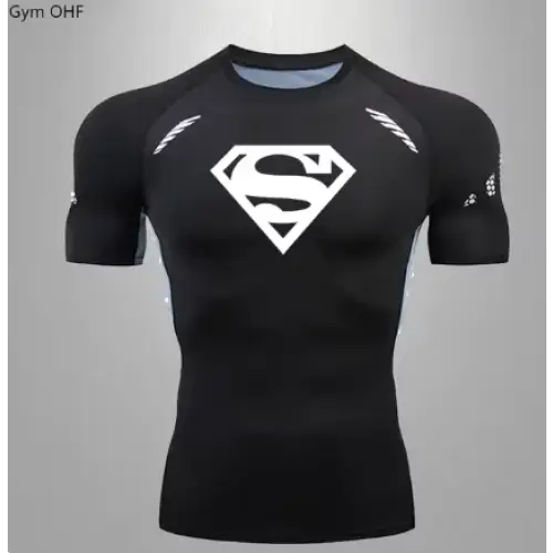 Black superman logo compression shirt with white emblem and subtle gray accents on shoulders.