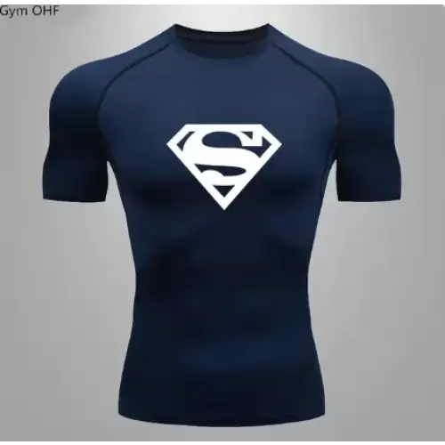 Dark blue short-sleeved compression shirt featuring a prominent white superman logo on the chest.
