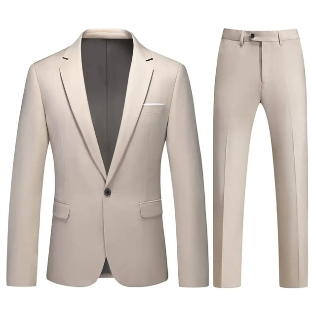 Beige two-piece suit with a single-breasted blazer and matching trousers, featuring subtle stitching details.
