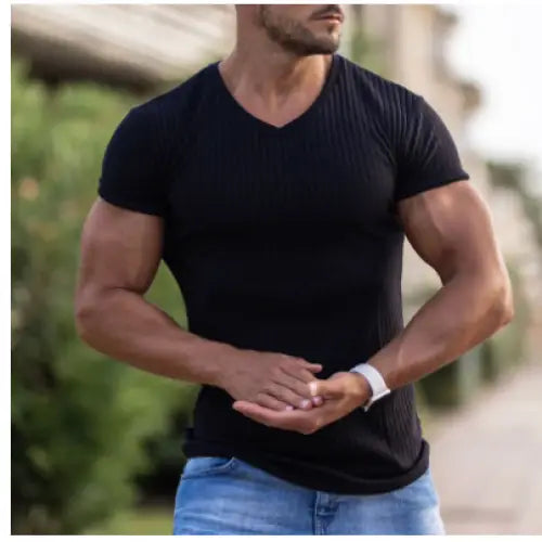 Men's Summer Athletic Slim Fit V-Neck T-Shirt with Logo