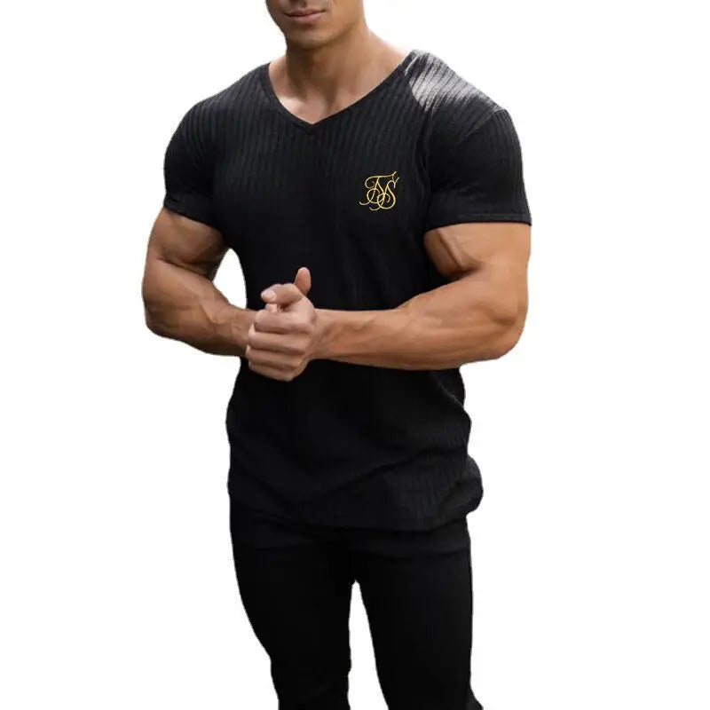 Men's Summer Athletic Slim Fit V-Neck T-Shirt with Logo