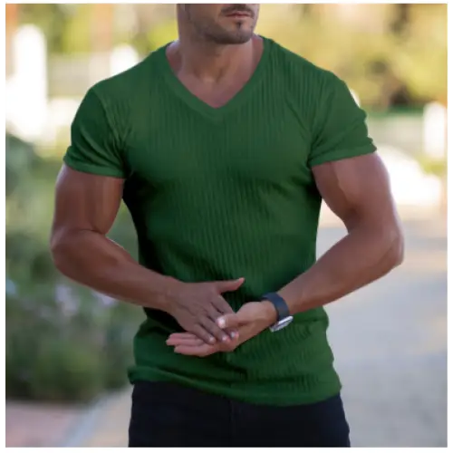 Men's Summer Athletic Slim Fit V-Neck T-Shirt with Logo