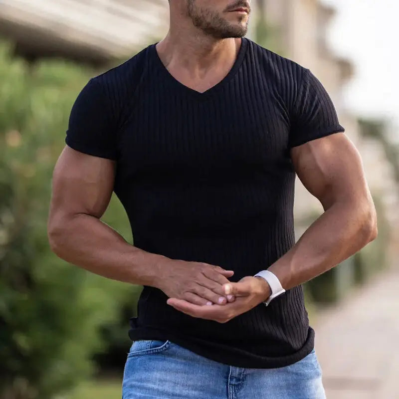 Men's Summer Athletic Slim Fit V-Neck T-Shirt with Logo