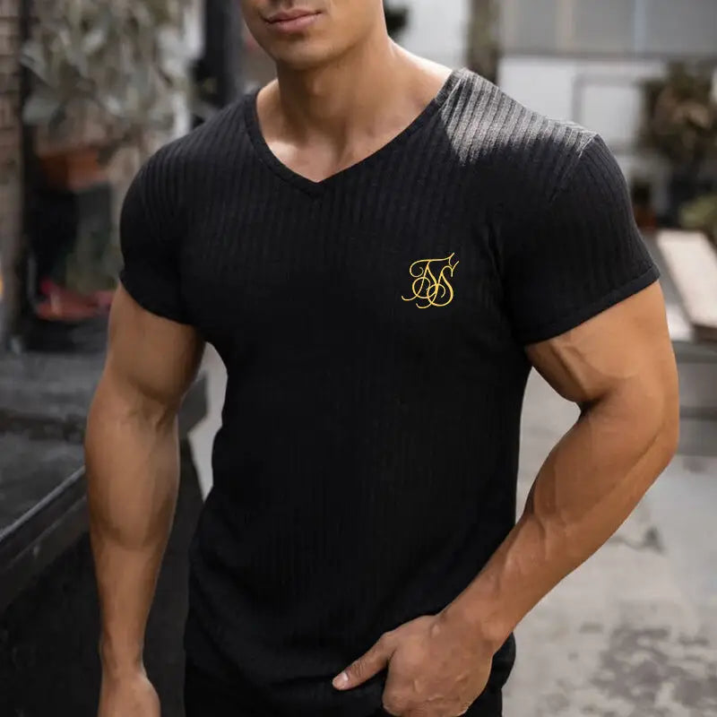 Men's Summer Athletic Slim Fit V-Neck T-Shirt with Logo