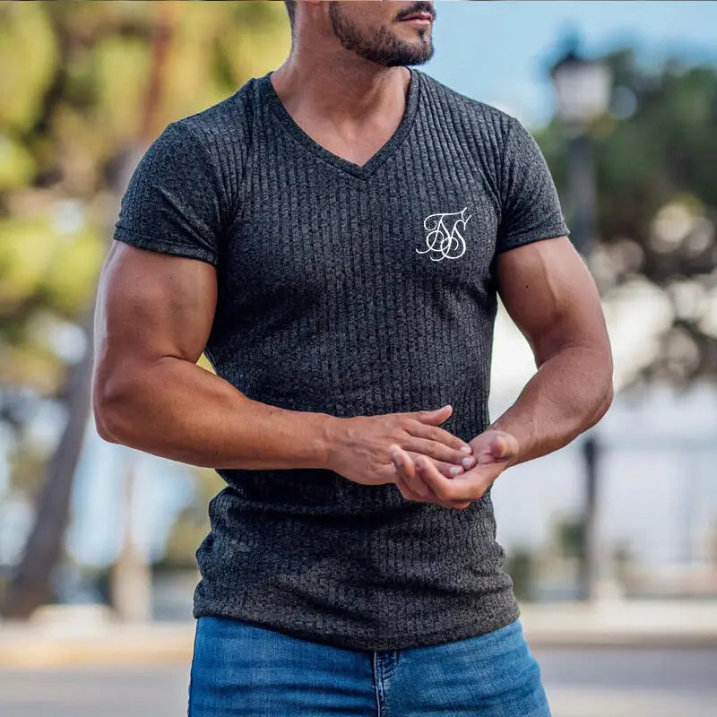 Men's Summer Athletic Slim Fit V-Neck T-Shirt with Logo