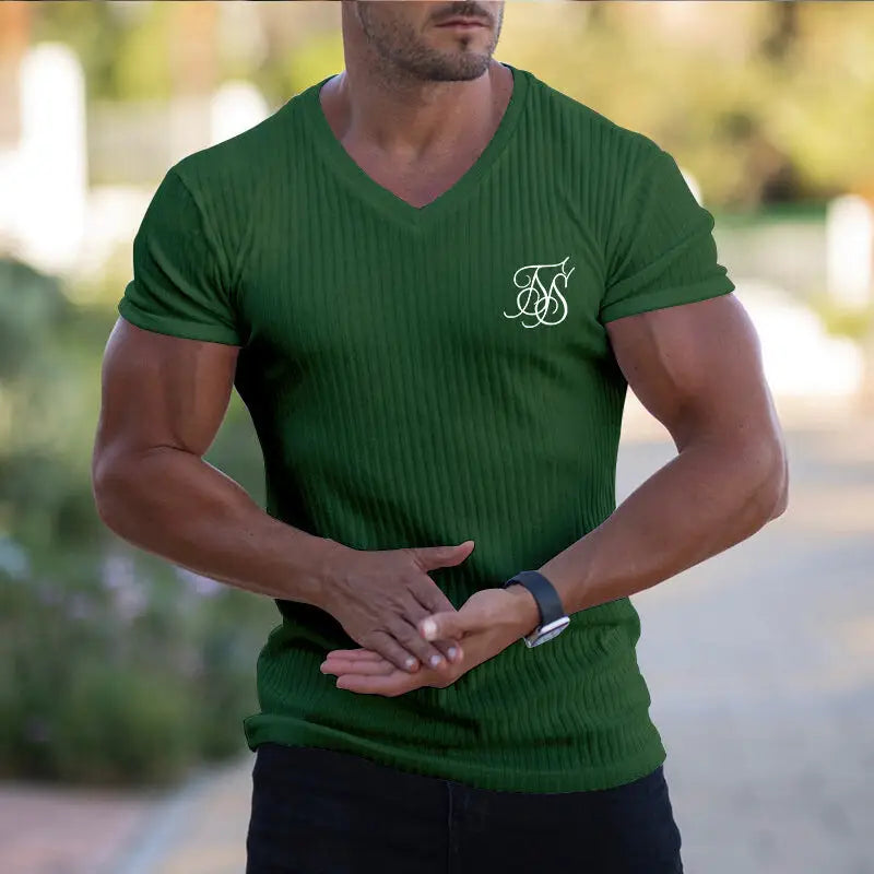 Men's Summer Athletic Slim Fit V-Neck T-Shirt with Logo