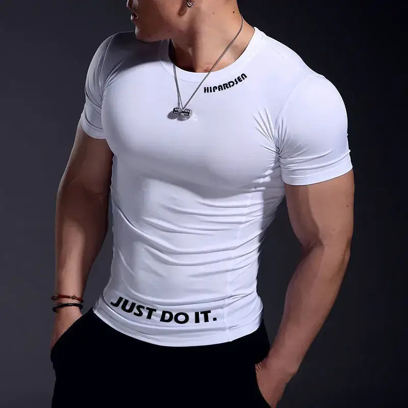 White short-sleeved compression shirt with black ’just do it.’ text at the hem and ’hiparden’ branding on the collar.