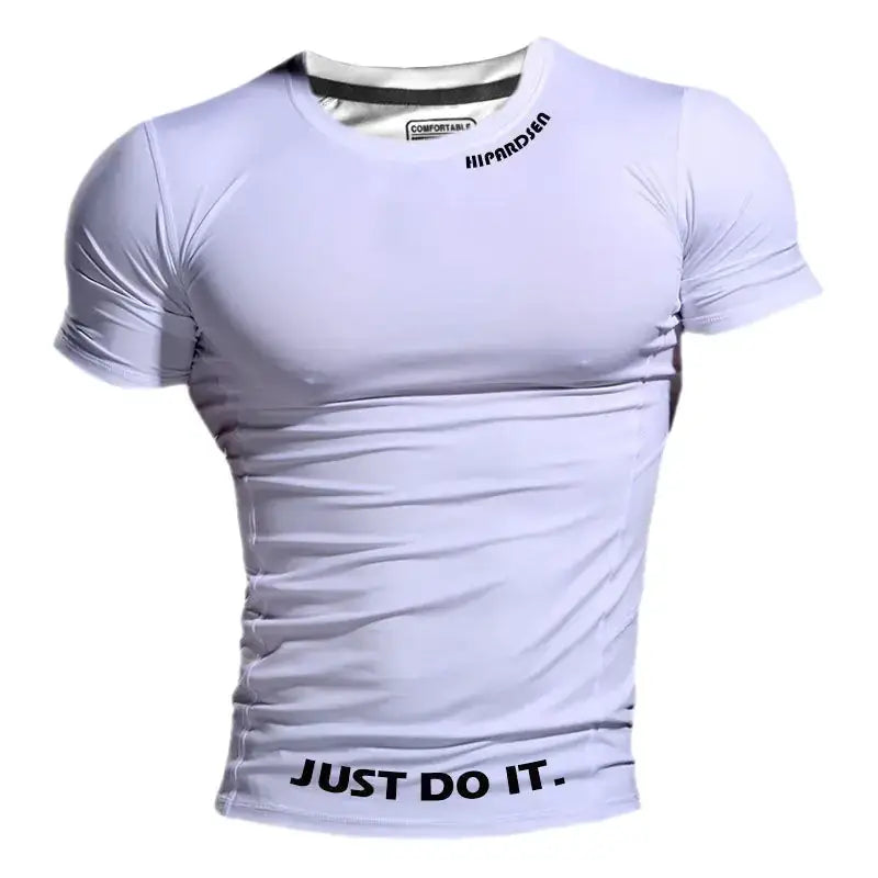 White compression shirt with black ’just do it.’ text at the bottom and a small brand logo near the neckline.