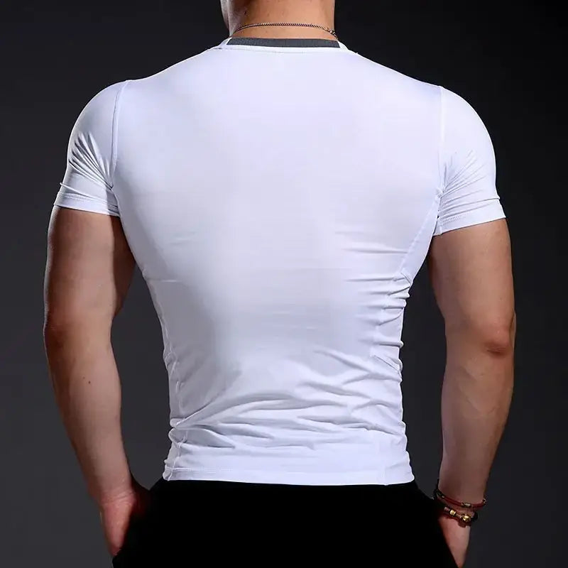 White short-sleeved compression shirt with a subtle gray trim at the neckline.