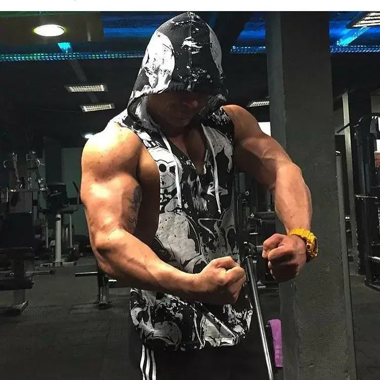 Black and white skull-patterned sleeveless hoodie with drawstring hood
