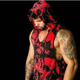 Red and black graphic hoodie with skull and floral patterns.