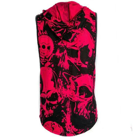 A vibrant red and black skull-patterned sleeveless hoodie with a hood.