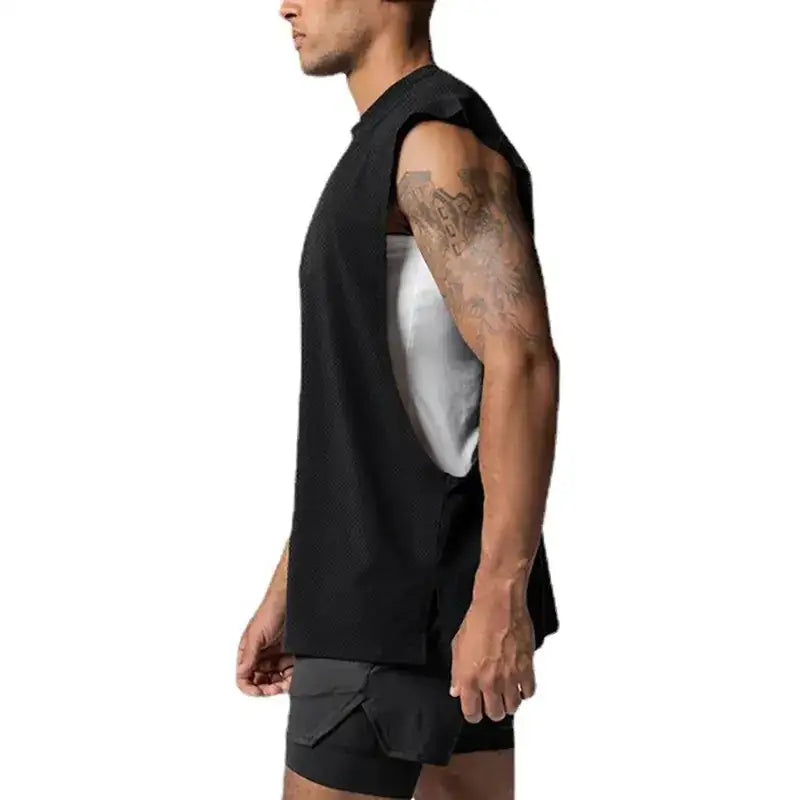 Black sleeveless athletic top with a contrasting white panel on the side.