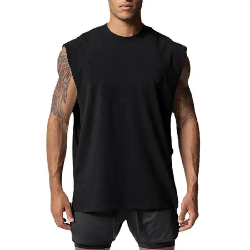 Black sleeveless muscle tank top with a relaxed fit and subtle textured fabric.