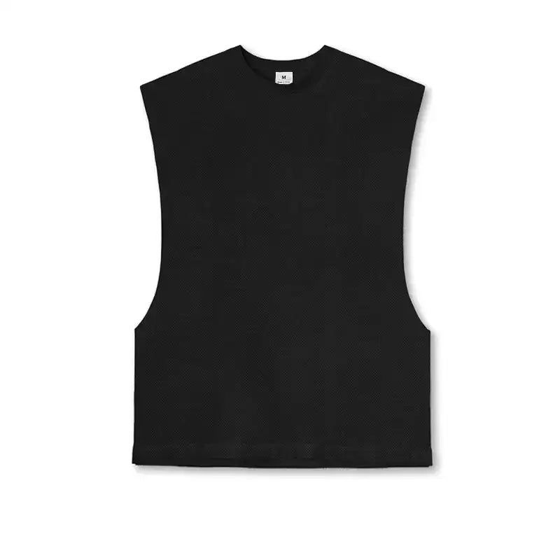 Black sleeveless top with a textured knit fabric and a crew neckline.