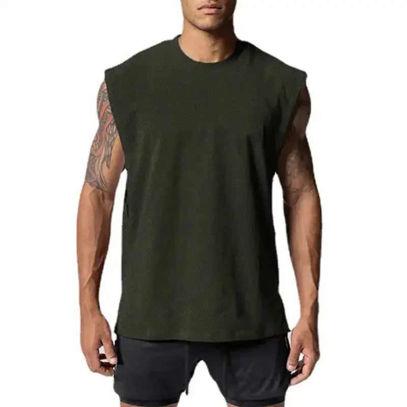 Dark olive green sleeveless muscle tank top with a crew neckline and relaxed fit.