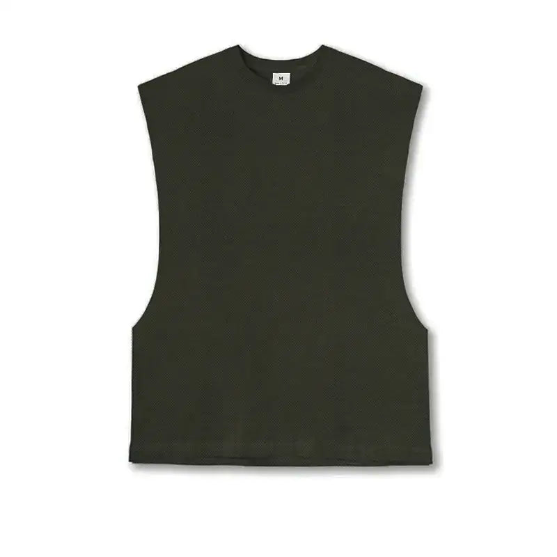 Dark olive green sleeveless crop top with a simple crew neckline and subtle texture.
