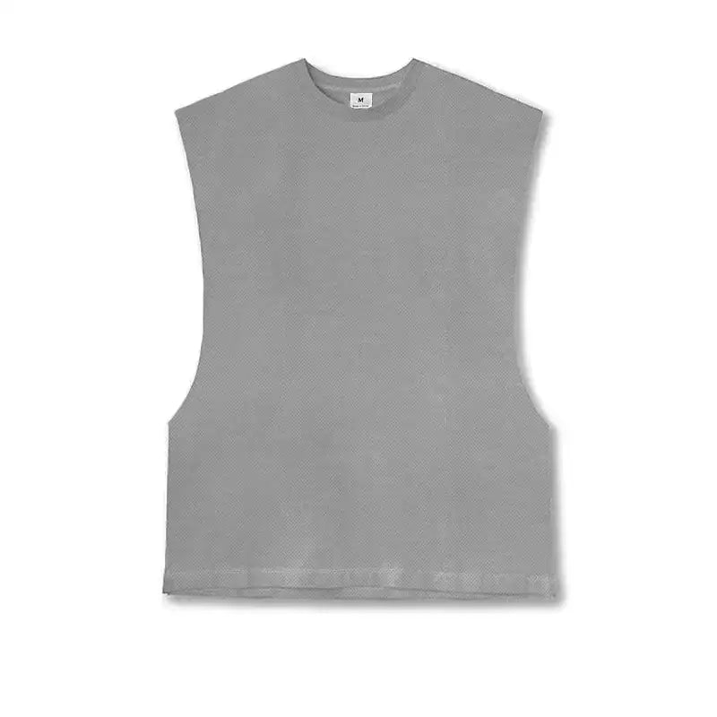 Gray sleeveless crop top with a textured knit fabric and a simple crew neckline.