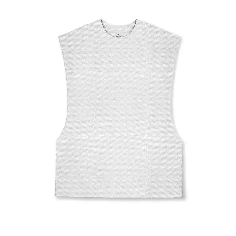 White textured sleeveless top with a round neckline.