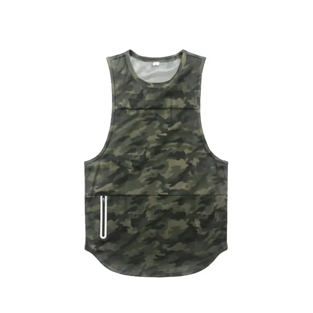 A sleeveless athletic tank top in a green and black camouflage pattern, featuring a white zipper pocket on the lower front.