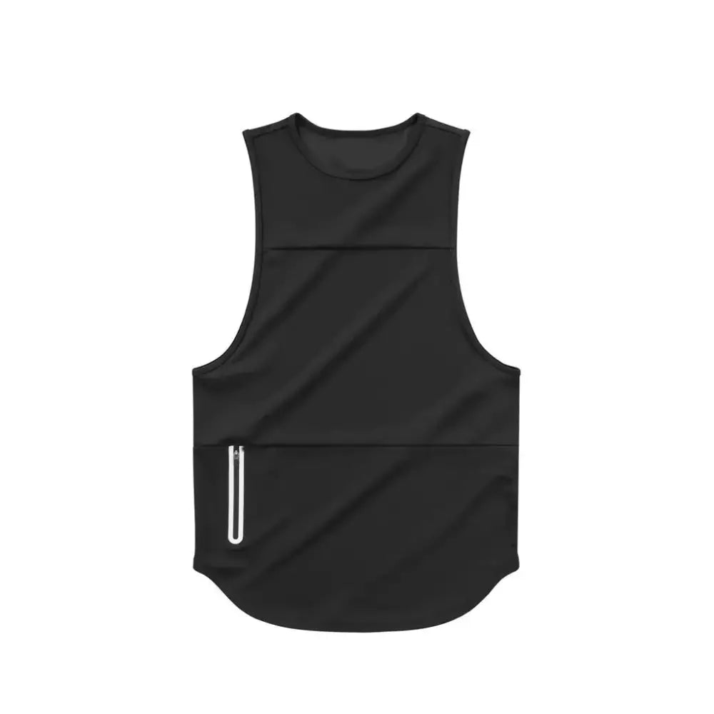 Black sleeveless athletic vest with a white zipper pocket on the lower front.