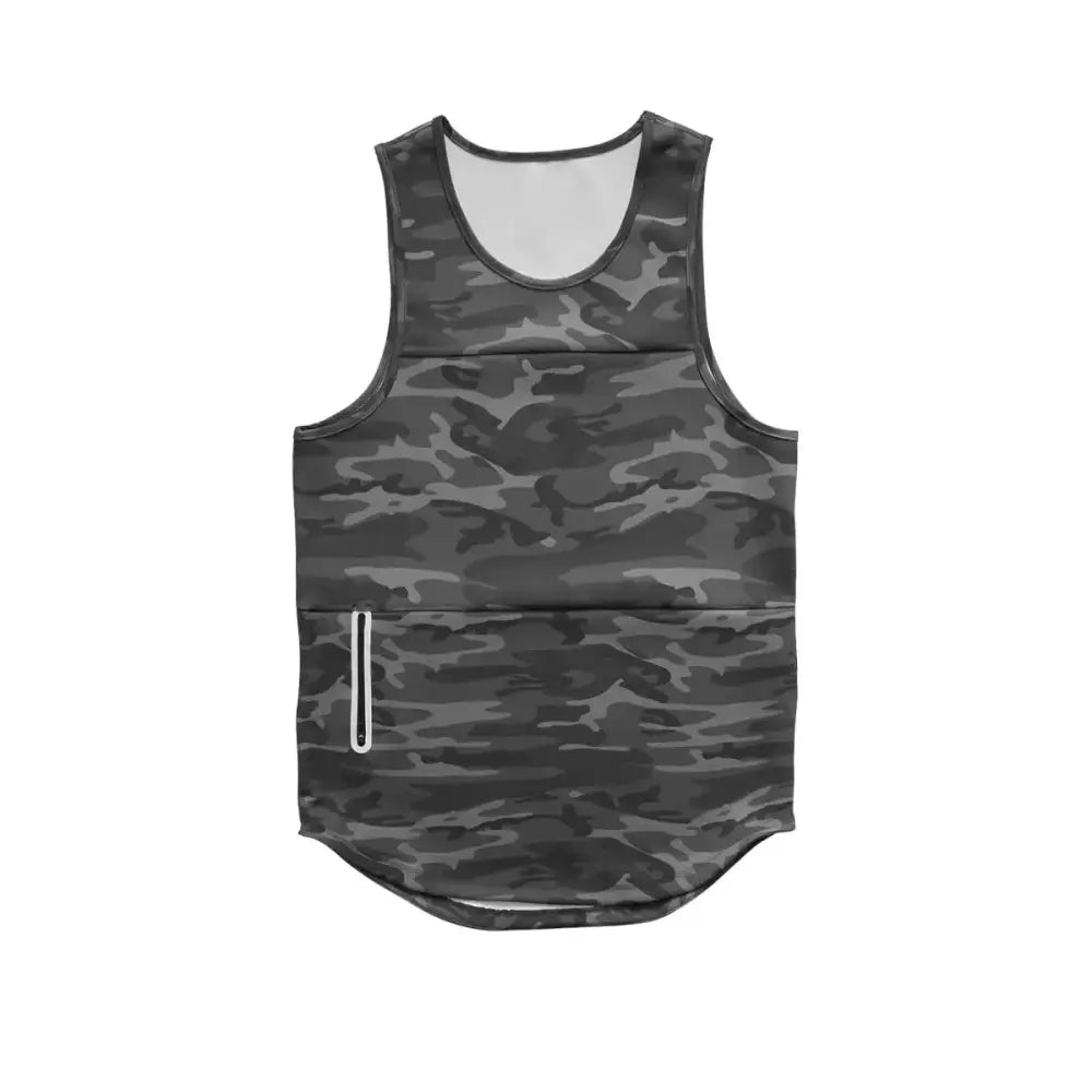 A black and gray camouflage-patterned sleeveless athletic vest with a white zipper pocket.
