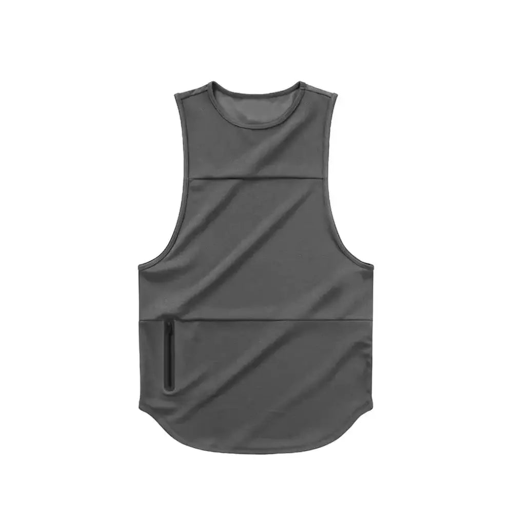 A sleek, dark gray sleeveless athletic vest with a subtle horizontal seam and a vertical zippered pocket on the lower front.