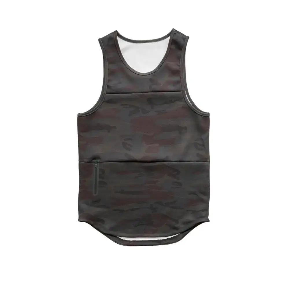 A dark gray and black camouflage-patterned sleeveless vest with a zippered pocket on the front.
