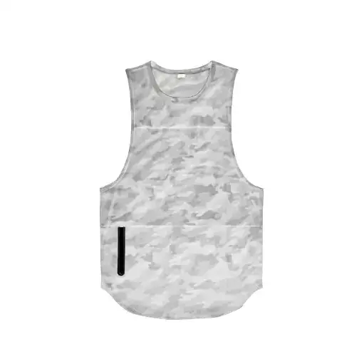 A sleeveless athletic tank top in a subtle gray camouflage pattern, featuring a black vertical zipper pocket on the lower left side.