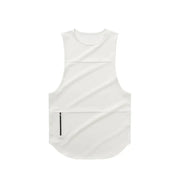 White sleeveless athletic tank top with a subtle horizontal seam and a black zipper pocket at the lower front.