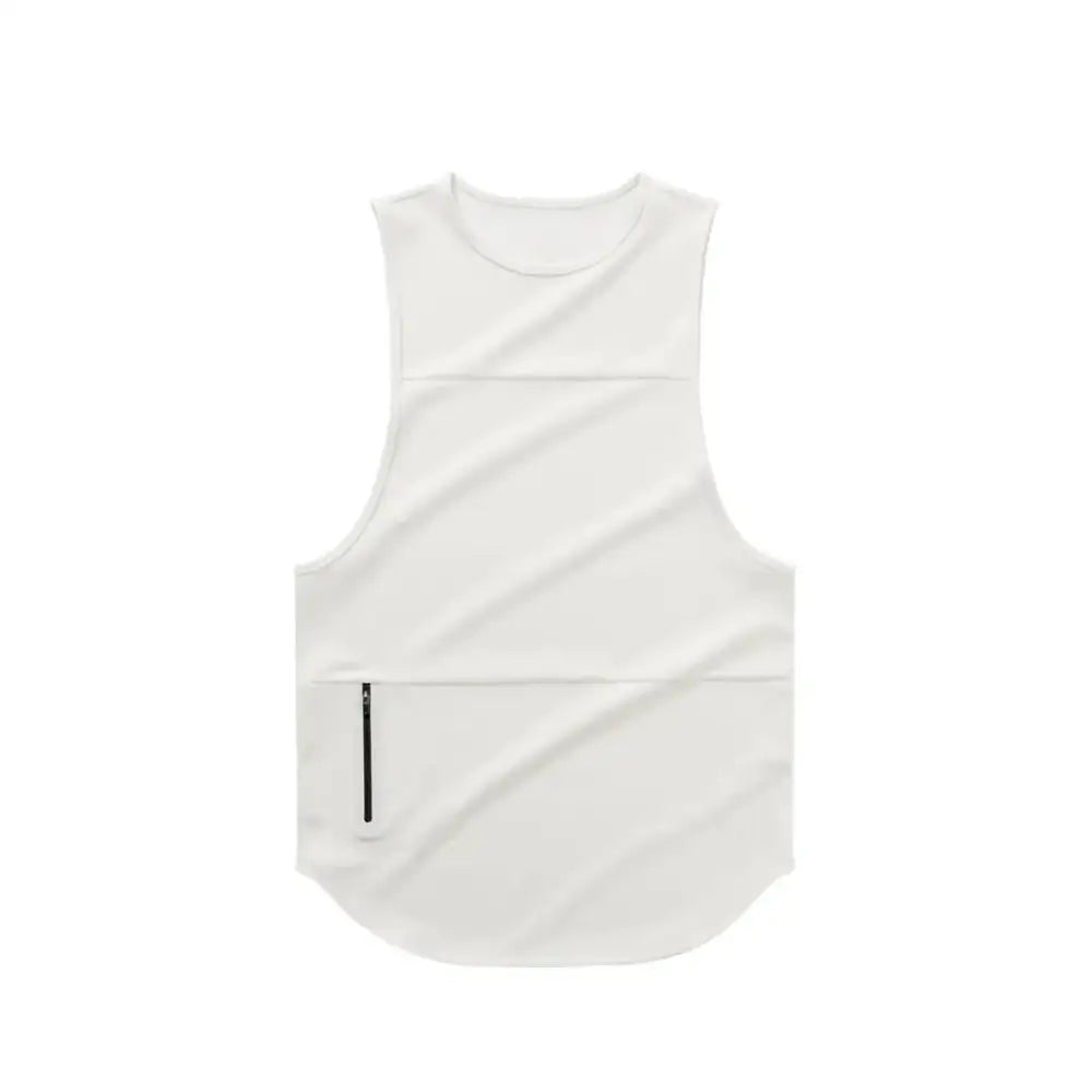 White sleeveless athletic tank top with a subtle horizontal seam and a black zipper pocket at the lower front.