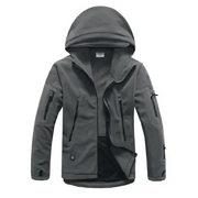 Gray hooded tactical jacket with black zippers and reinforced seams.